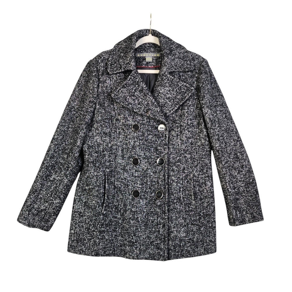 Kenneth Cole Reaction Womens Tweed Wool Blend Pea Coat Jacket Large Black White